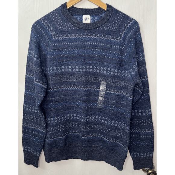 Gap Mens Fair isle Crewneck Knit Sweater Size Medium Blue Pullover NEW - Picture 1 of 7